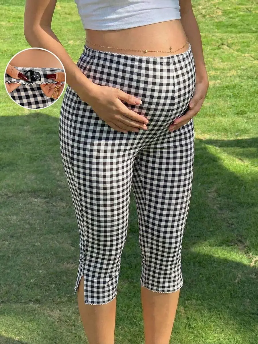Maternity Casual Plaid Adjustable Waist Capri Leggings
