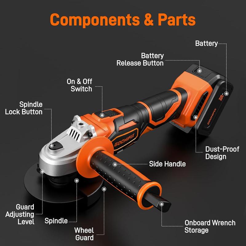 Cordless Angle Grinder Tool GOCHIFIX Grinders Power Tools 20v 4-1/2 Inch Brushless Grinders Tool with 4.0Ah Battery & Fast Charger, Grinding & Cutting Wheels for Metal, for Workshops, Home Lovers