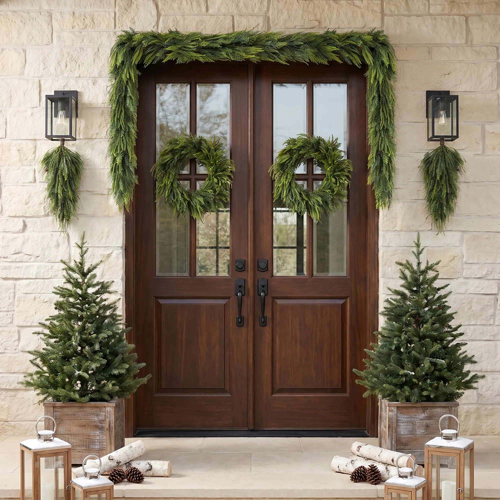 Glitzhome Mixed PE Christmas Wreath & Garland Set with Pinecones - Multiple Sizes