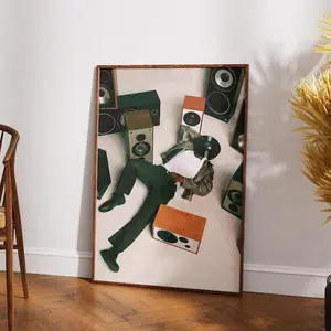 Retro Music Wall Art Vinyl Headphone Poster Urban Aesthetic Print Black Man with Speakers