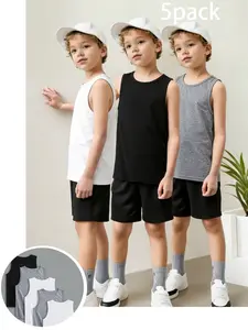 5-Piece Set Teen Boys Pure Tank Tops, Quick-Dry Breathable Workout Tops Athleisure Sleeveless Shirts, Loose Fit, Ideal for Running and Sports, Athletic Fashion Activewear, Fitness Clothes