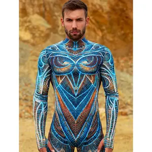 Vibrant Blue Feather Couple Jumpsuit - Tropical Print High Neck Long Sleeve Halloween and Party Costume, Perfect for Nightclubs, Festivals, and Firefighter Theme, Festive Outfit | Close-fitting design | Zipper closure