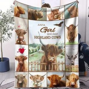 Highland Cow Puzzle Pattern Printed Blanket, Animal Blankets, the perfect gift for children, suitable for living room sofa covers and wall decorative tapestries, a single-sided printed blanket