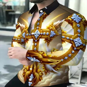 Menswear Men's Casual Long Sleeve Shirt - Purple Lion Print, Polyester Fabric, Mixed Colors, Fashionable Design