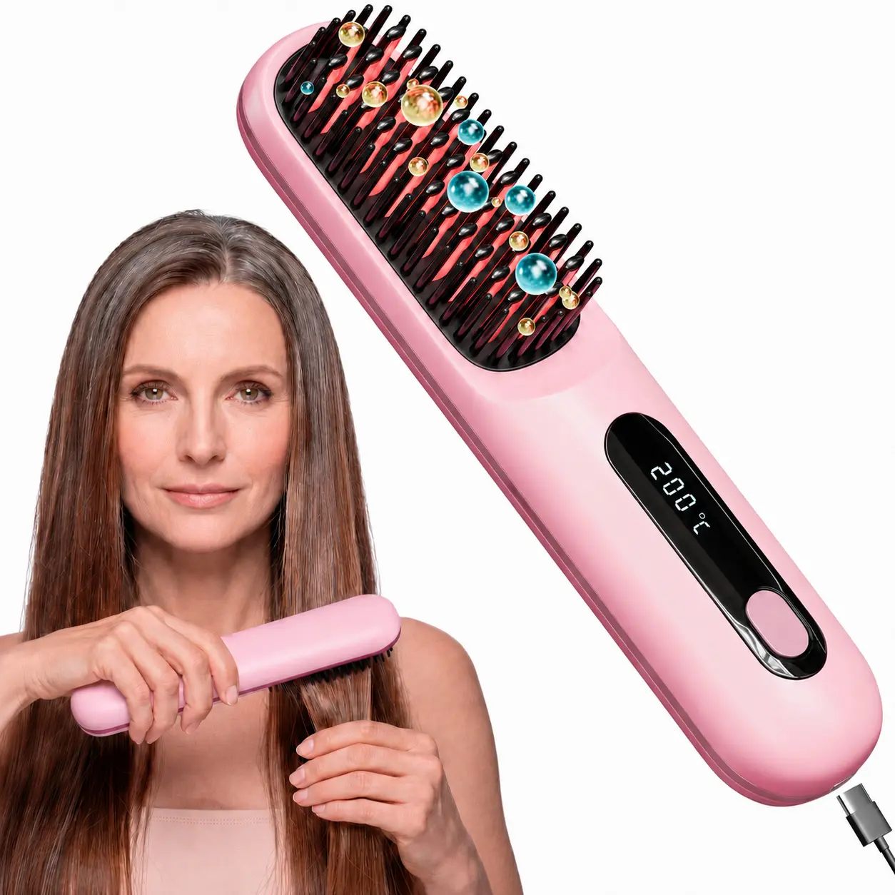 AVENHO Cordless Heated Straightening Brush - No Damage, USB-C Charger Included, 5-Minute Styling, Electric Travel Pocket Brush for All Hair Types (Pink)