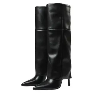 Fold Over Knee High Boots Wide Calf Pointed Toe Stiletto Heel Thigh High Boots for Women Black Walking Shoes Above The Ankle But Below The Knee