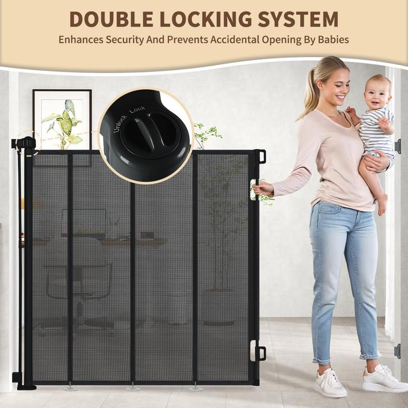 SMONTER 47” Extra Tall Retractable Baby Gate, (Newly upgraded hook design) Reinforced Mesh Dog Gate Extends to 59" Wide, Baby Gate for Stairs, Doorways, Hallways, Indoor and Outdoor, Black