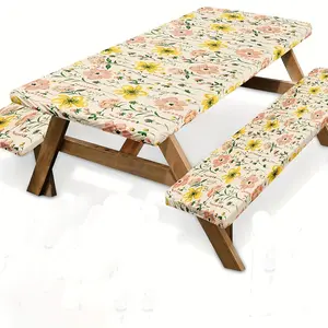 3pcs Picnic Table Cover with Bench Covers Elastic Edges Wild Flower Fitted Table Cover Outdoor Patio Camping Essentials Camping Fitted Tablecloth