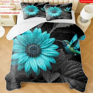 3 pcs, 2D Flat Print Blue Daisy & Hummingbird Bedspread Set, Soft and Comfortable, Multiple Sizes Available, Suitable for Gifting and Daily Use, Ideal for Creating a Cozy Home Atmosphere(1 bedspread , 2 pillowcases)