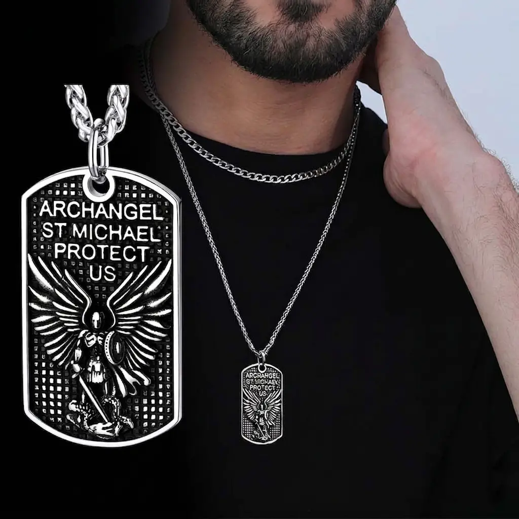 FaithHeart St. Michael Pendant Necklace for Men, Stainless Steel Archangel Shield Amulet, Religious Jewelry for Daily Wear, Father's Day Gift, Necklaces, Unisex Names, Men's Jewelry, Birthday, Dad, Casual, Anniversary, Solid, Shield Shape