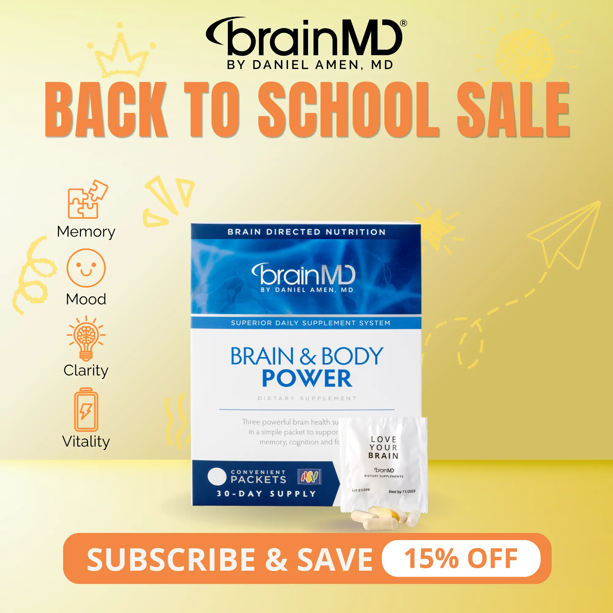 Brain & Body Power | BrainMD | 60 Packets | Memory, Mood & Vitality Support | Focus, Heart & Immune Health | Multivitamin, Omega-3 & Nootropic Blend