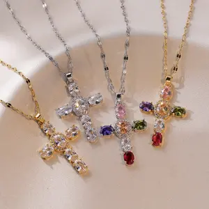 Vintage Colorful Zircon Cross Pendant Unique Niche Women's Daily Wear Collarbone Chain