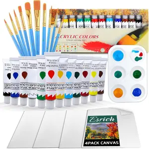 Acrylic Paint Set with 10 Paint Brushes 12 Color 12ml Acrylic Paint, 1 Palette and 4 Pcs Canvas for Students, Artists and Beginner Art Supplies