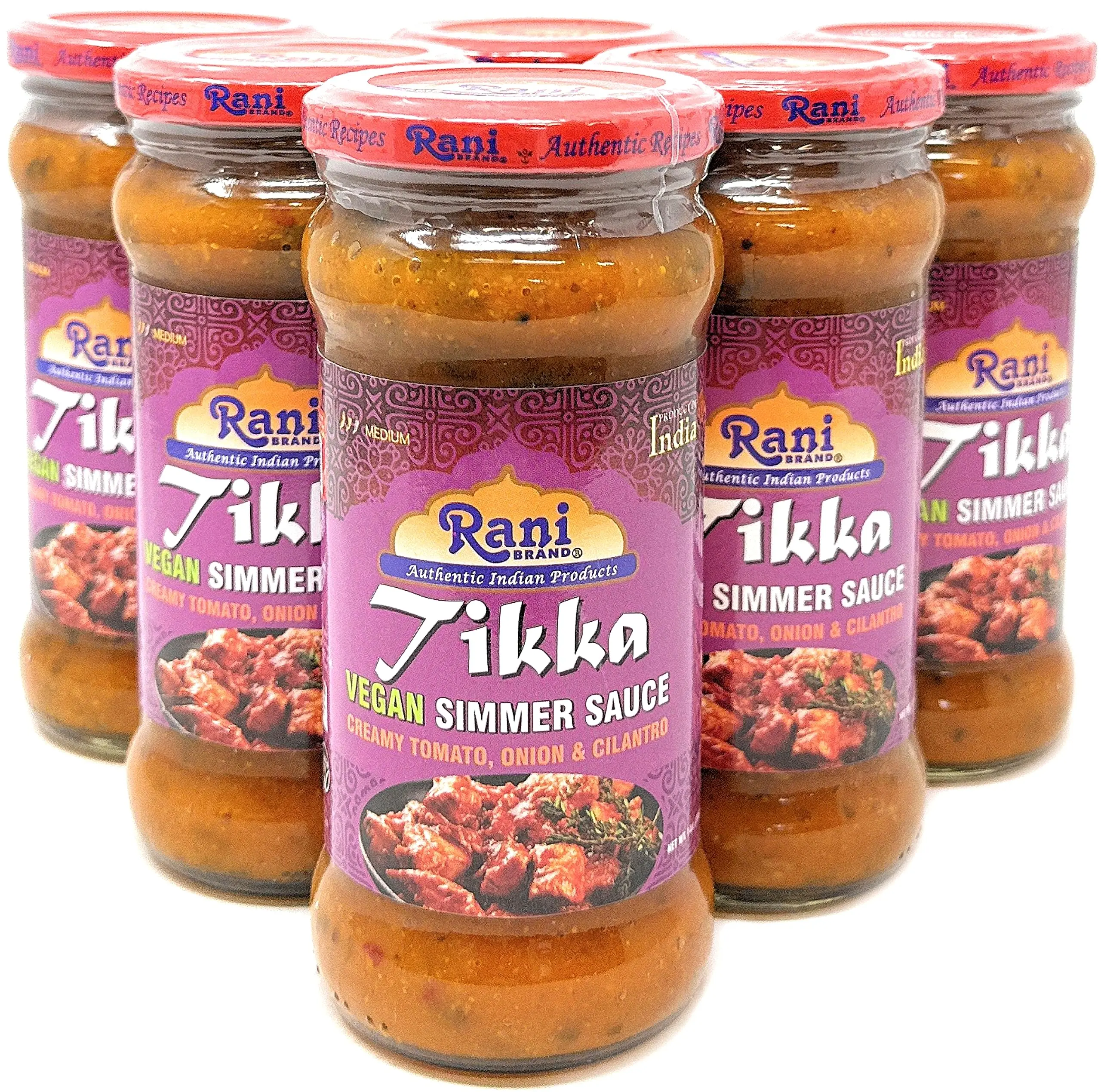 Rani Tikka Curry Vegan Simmer Sauce (Creamy Tomato, Onion & Cilantro) 14oz (400g) Glass Jar, Pack of 5 +1 FREE ~ Easy to Use | Vegan | No Colors