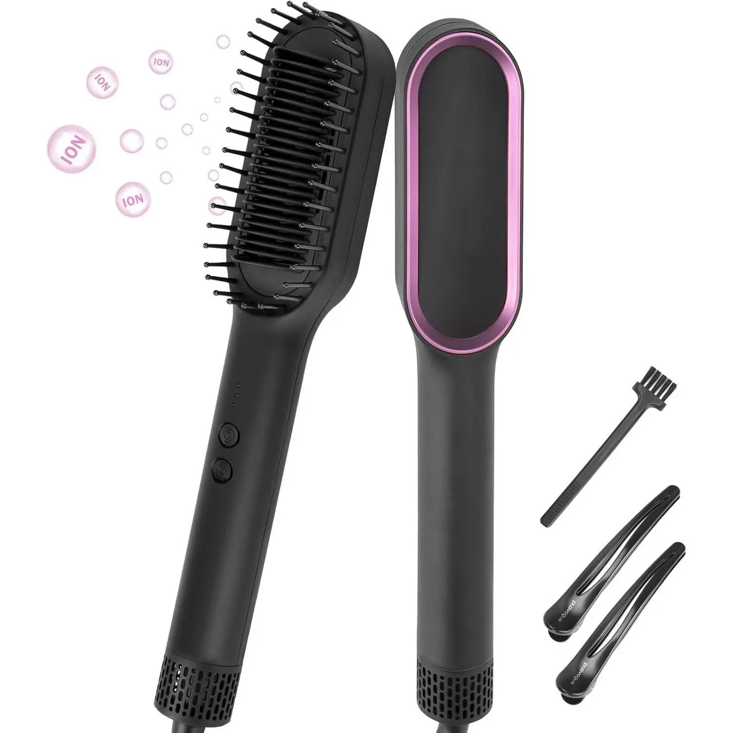 Generic Negative Ions Hair Straightener Brush, 3D Comb Teeth Fast Heating 30 Seconds Salon Quality for Straight Curly Hair with 2 Hair Clamps 1 Cleaning Brush for Home Travel Gifts (Black Red) Hair Styling Tools