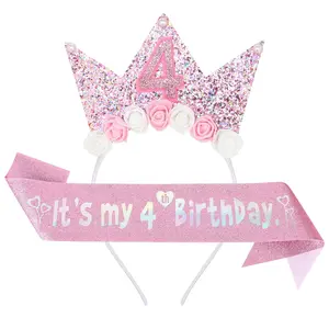 P-HDW04   4th Birthday Decorations for Girls - Princess Crown Headband, Glitter Sash Kit and Tiara for Birthday Girls