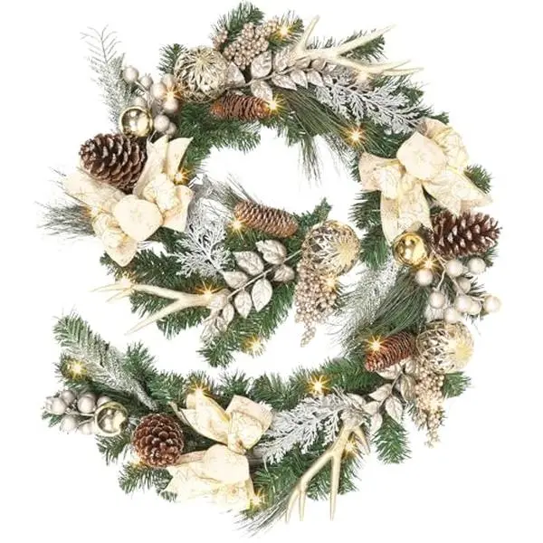 【GARVEE】Prelit Christmas Garland with 20 Lights, Outdoor and Indoor Holiday Decoration Featuring Gold Christmas Balls, Pine Cones, and Antlers for Fireplace Mantel and Porch