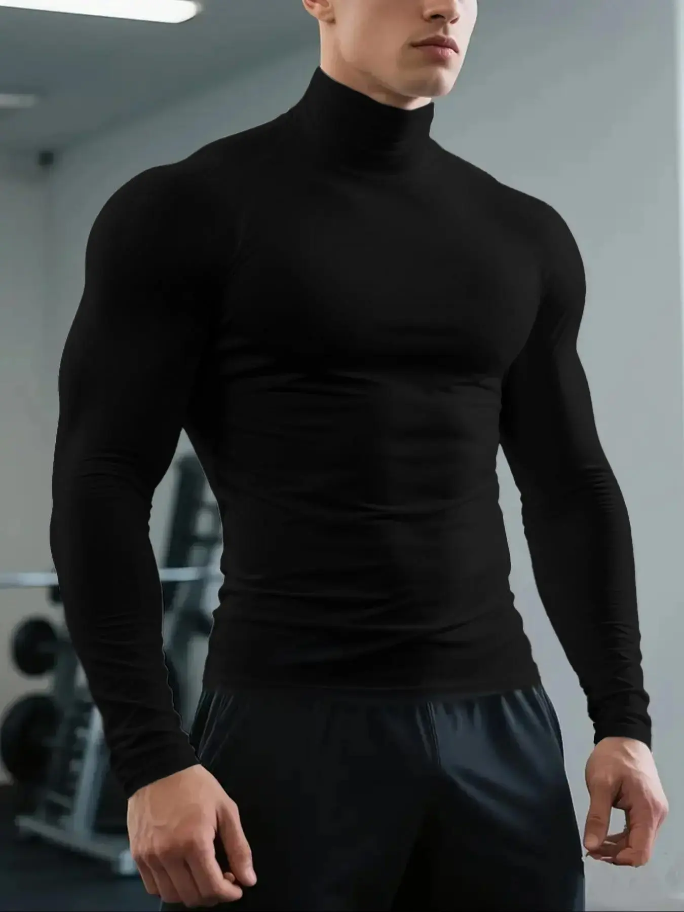 Men's Slim Fit Turtleneck Long Sleeve Gym T-Shirt, Athletic Gym Shirts, Solid Color Sportswear, Quick-Dry Breathable Compression Fabric, Ideal for Gym Sessions, Weightlifting, Perfect for Versatile Wardrobe, Fitness Workout Shirt