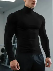 Men's Basic Slim Fit Turtleneck Long Sleeve Gym T-Shirt, Minimalist Athletic Streetwear Style, Quick-Dry Breathable Compression Fabric, Turtleneck Design, Ideal for Gym Sessions, Weightlifting, Layering & Trendy Activewear, Perfect for Versatile Wardrobe