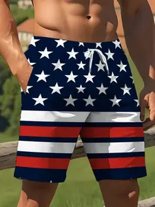 Men's Casual Short Pants American Flag Emblem, Cool Style Beach Shorts, graphic shorts, fashionable summer shorts, Independence Day Theme Wear, Fitted Low Waist Drawstring Waist