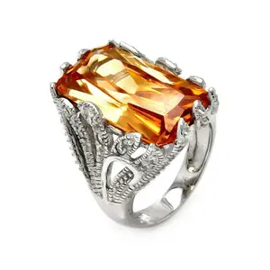 Sterling Silver 925 Rectangular Champagne CZ Ring