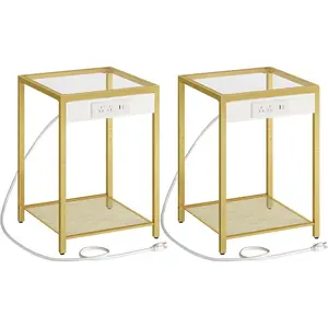 Side Table with Charging Station, Set of 2 End Tables with USB Port, Nightstand for Tight Spaces, Tempered Glass, Modern Metal Frame, for Office, Bedroom, Living Room, Gold GD76UBZP201