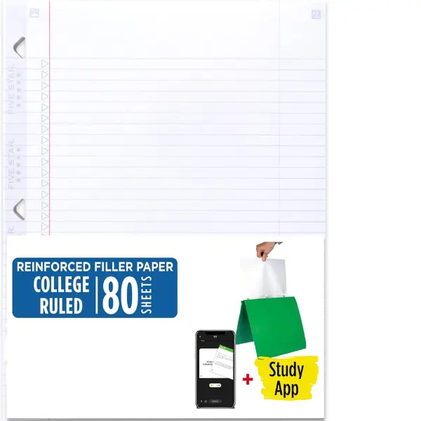 Loose Leaf Paper + Study App, College Ruled Filler Notebook Paper, Reinforced, Fights Ink Bleed, 8-1/2" x 11", 80 Sheets (170102)