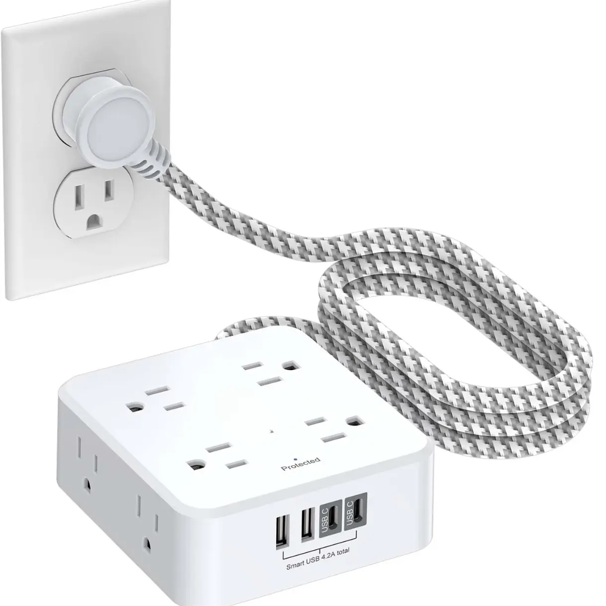 Surge Protector Power Strip - 5Ft Braided Extension Cord with 8 Outlets with 4 USB (2 USB C) Charging Ports, Flat Plug Multi Plug Outlet Extender Charging Station for Home Office, ETL, White