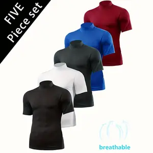 Men's 5pcs Breathable Slim Fit T-Shirts Moisture Wicking Stretchy Crewneck for Gym Running Enthusiasts Shirt Muscle Fishing Hoodie Short Sleeve Sport Performance Fabric Tight Fitting Top Sun Hoodie Shirt Gym Tees Gym Tops compression shirts for men