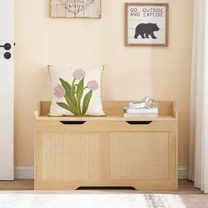 Hoobro 39.4'' Large Storage Bench,  Rattan Style Wood Blanket Storage Bench for Home, Entryway Show Bench with Seat Supports 220 LB, Sturdy Toy Storage Organizer Boxes For Kids