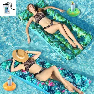 New 21-Hole Water Hammock PVC Inflatable Floating Lounger Chair, Adult Water Hammock Leaf Print Lounge Chair Pool Float Pad
