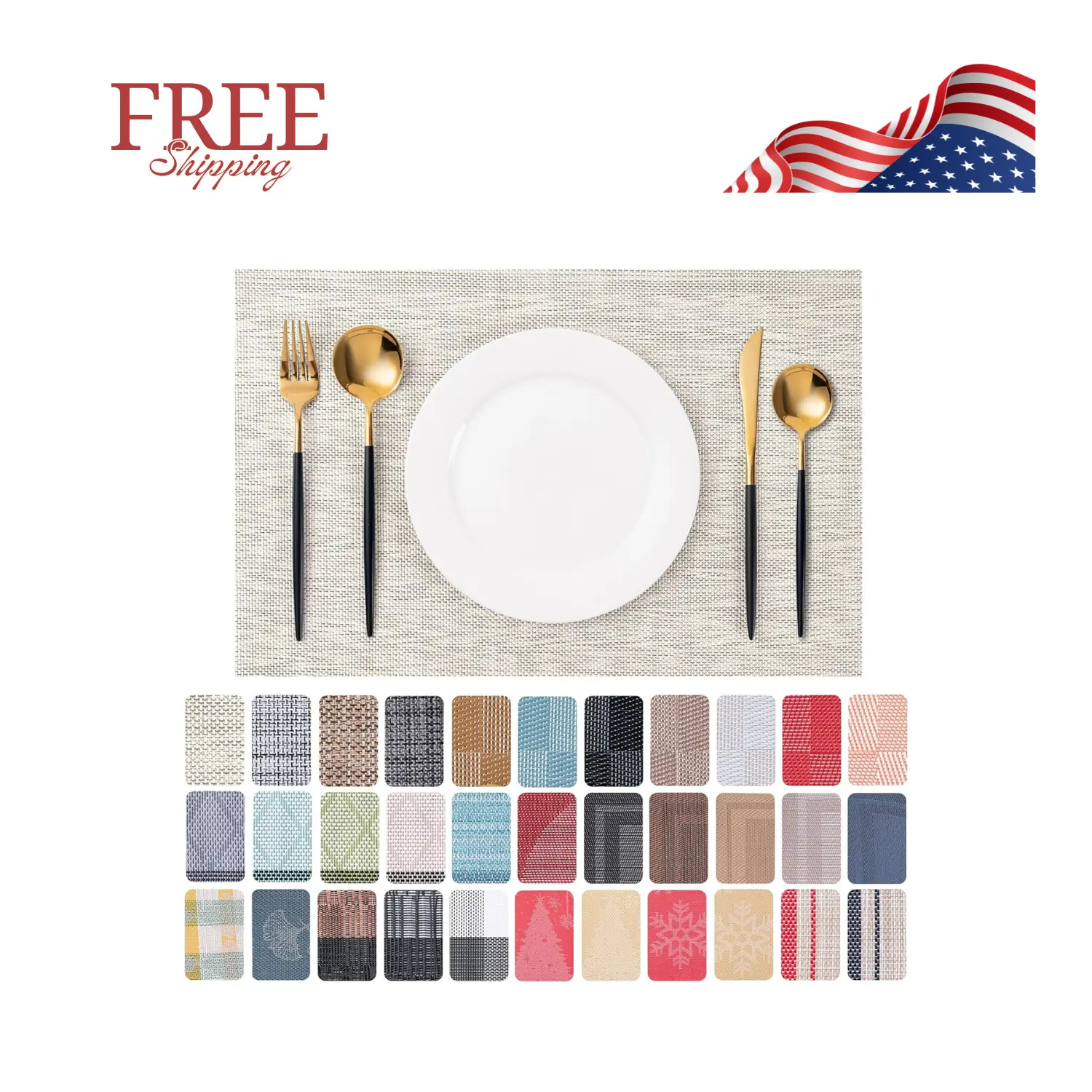 Placemats Set of 4 Washable Indoor/Outdoor Vinyl for Dining Table, Non-Slip, Heat Resistant PVC (Beige）