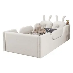 Bellemave  Twin Size Upholstered Platform Bed Frame Floor Bed with Rabbit Cushion, Soft Teddy Fabric, Removable Safety Rails, High Guardrails for Safe Single Mattress Use in Children's Indoor Spaces