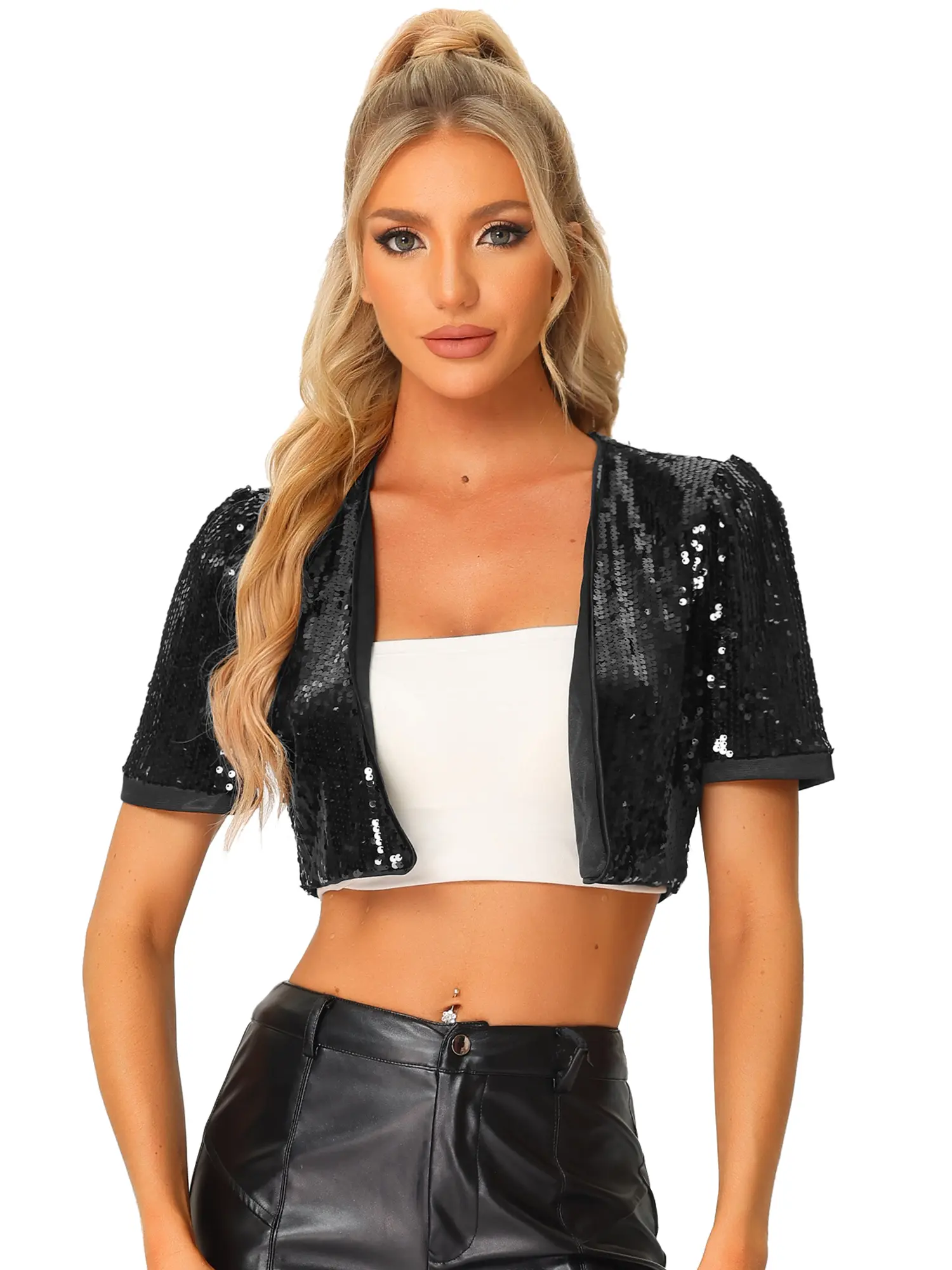 INSPIRE CHIC Sequin Cardigan Open Front Jacket Sparkly Glitter Cropped Shrug Bolero
