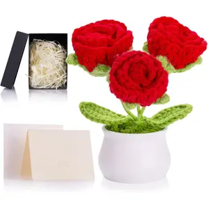 Crochet Flowers Bouquet Artifical Crocheted Red Rose for Desk Decor Gifts for Women Handmade Eternal Roses Knitted Flower for Car Dashboard Home Office Decoration