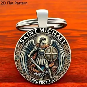 Saint Michael Defender Zinc Alloy Keychain, Engraved “Protect Us” Design, Religious Fashion Gift for Men, Polished Spiritual Pendant
