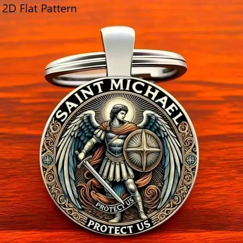 Saint Michael Defender Zinc Alloy Charismatic Keychain, Key Rings, Engraved “Protect Us” Design, Religious Fashion Gift for Men, Polished Spiritual Pendant, Visual Appeal