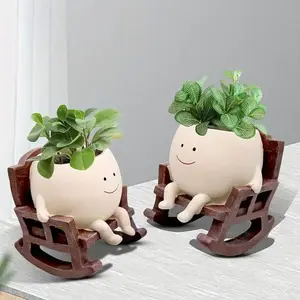 Smily Face Planter Pot, 1 Piece Cartoon Design Resin Pot for Indoor Plants, Cute Sit Rocking Chair Succulent Flower Pots with Drain Hole, Decorative Flower Pot for Home Office Desk, Swinging Planter
