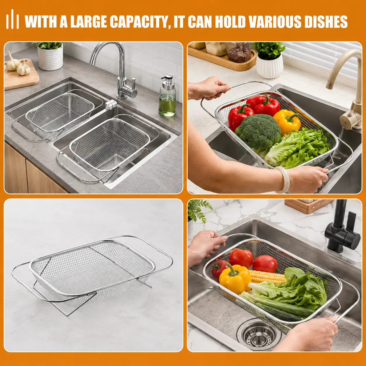 Large capacity over-the-sink strainer basket in use