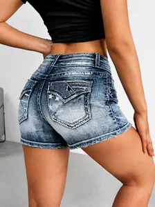 Women's High-Waist Butt Lifting Denim Jeans Shorts with Pockets, Frayed Raw Rips, Zipper - Womenswear Bottoms