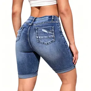 Women's Stretchy High-Waisted Bermuda Shorts, Women High Rise Stretch Denim Bermuda Shorts Rolled Hem Knee Length Jean Shorts Vintage Washed Ripped Back Pocket Biker Denim Shorts