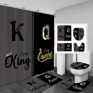 Creative King & Queen Couple Shower Curtain Set, Bathroom Curtain, I'm Her King I'm His Queen, Includes Hooks and Mat