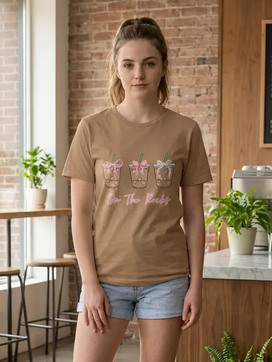 On the Rocks Iced Coffee Bow - Short Sleeve Tee in Vintage Brown