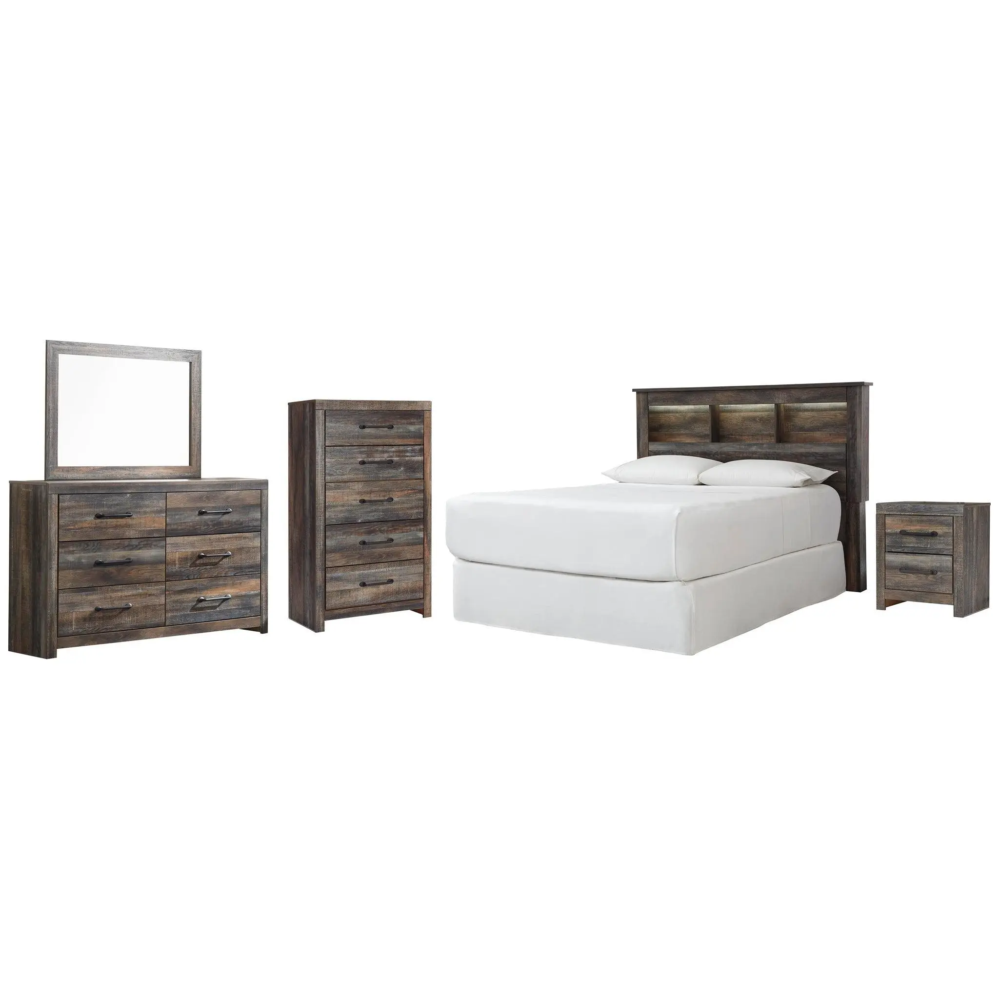 Drystan Queen Bookcase Headboard, Dresser, Mirror, Chest and Nightstand
