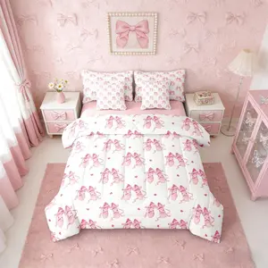 Feelyou Ultra Soft 7-Piece Girls Ballet Bedding Set - Pink, White, Bow Motif Comforter Set with Sheets, Ribbon Bed Bag, Love Hearts Design, Multi-Size Kids Bedding Collection