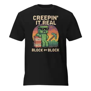 Creepin’ It Real Pixel Creeper Shirt – Funny Minecraft Gaming Tee – TNT Block by Block Design for Gamers & Kids – Pixel Art Sunset T-Shirt