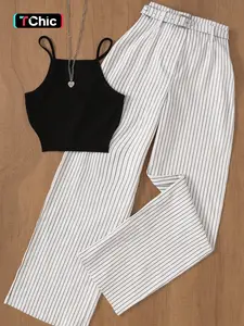 Casual Striped Sleeveless Top and Pants Set, Suitable for Office and Garden, Outdoor Indoor Wear, Spring Summer (includes Belt)