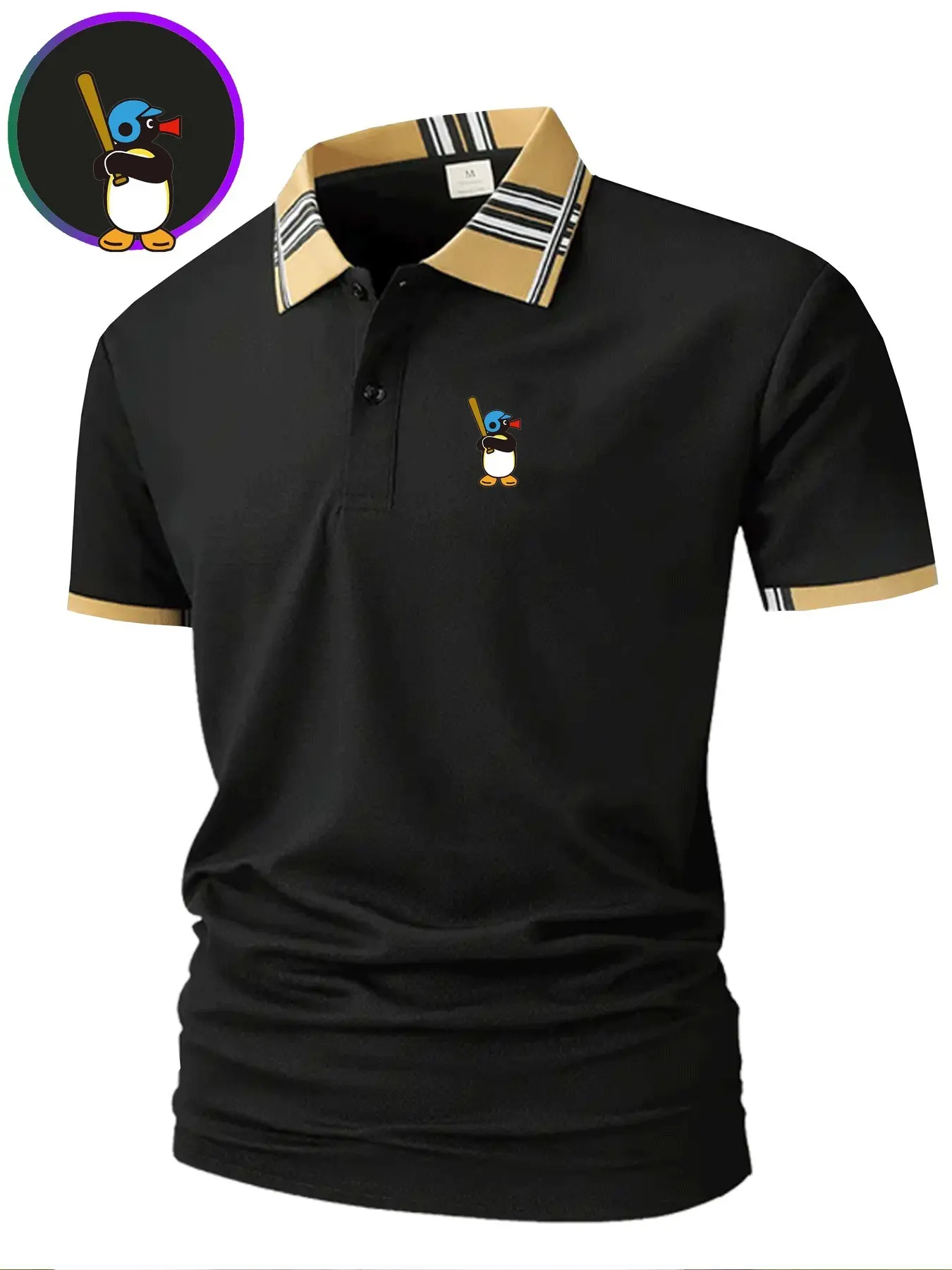 Men's Creative Penguin Print Polo Shirt, Short Sleeve, Slim Fit, Button Front, Business & Casual Wear, Organic Textile, Long Length