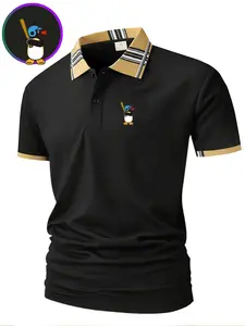 Men's Creative Penguin Print Polo Shirt, Short Sleeve, Slim Fit, Button Front, Business & Casual Wear, Organic Textile, Long Length