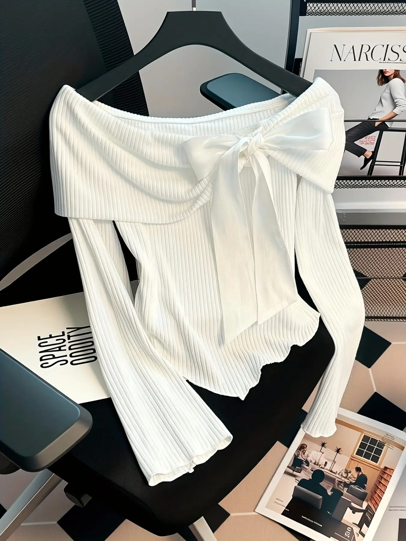 Women's Elegant Cute Romantic Bowknot Decor Long Sleeve Fitted Top, Stylish Casual Wear for Daily